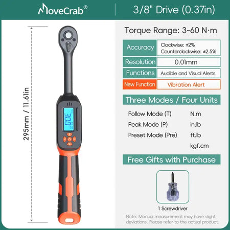 MOVECRAB Digital Torque Wrench 1.5-340N.m &ndash; High Precision with Buzzer and LED Notification 3-60N.m-vibration