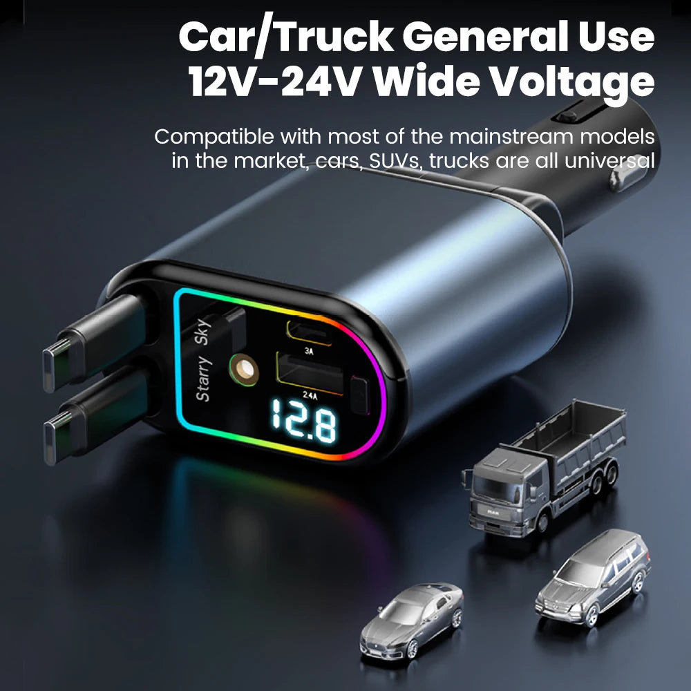 120W 4-In-1 Retractable Car Charger Type-C - Fast Charge