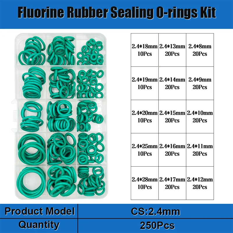 Green FKM Fluorine Rubber O Ring &ndash; Acid And Alkali Resistant Oilproof Seal 250PCS CS 2.4mm