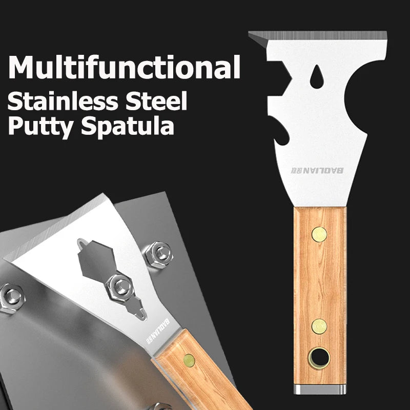 Spatula iz nerjavečega jekla s trdim lesenim ročajem, orodje za čiščenje in strganje