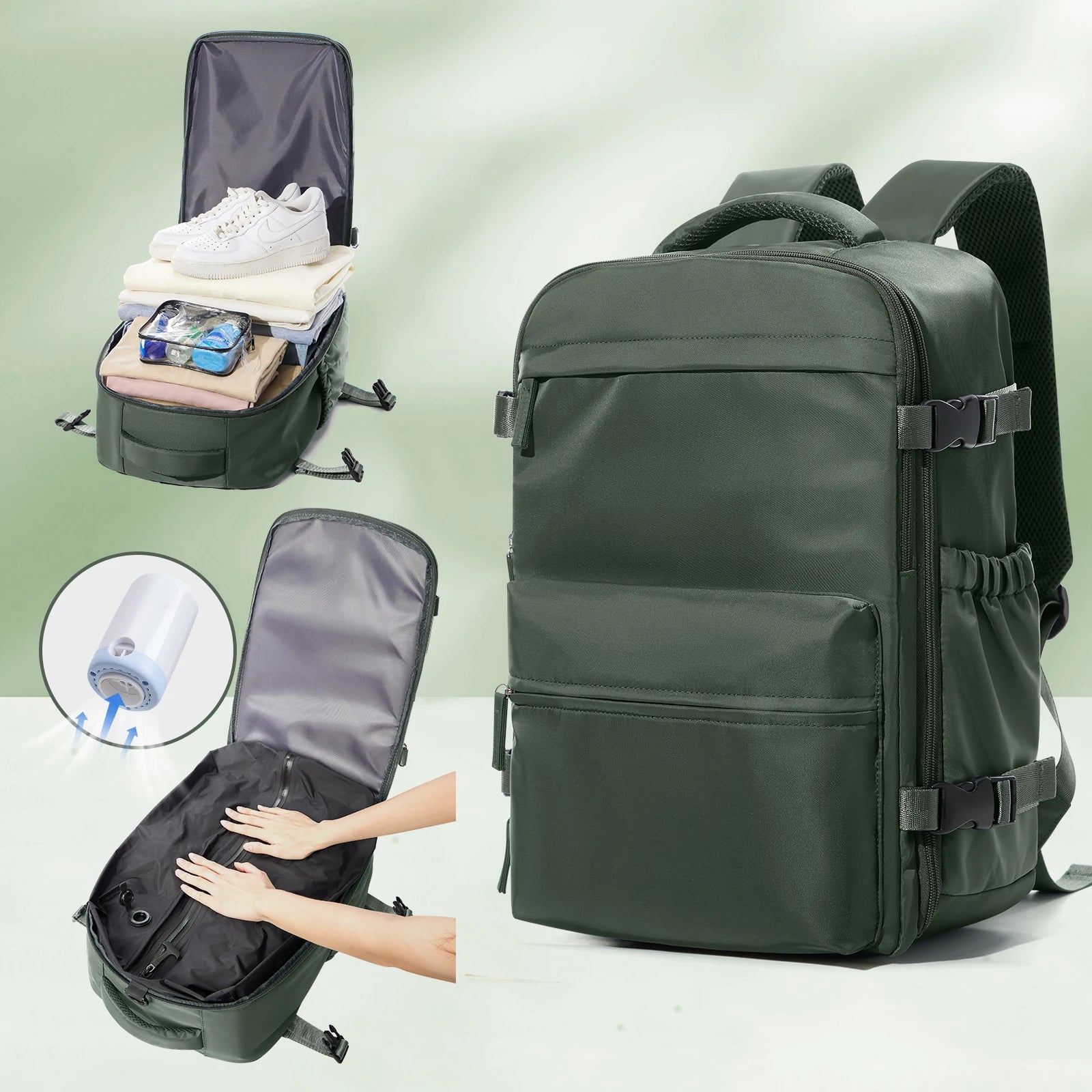 Vacuum Backpack Travel Bag &ndash; Large Capacity Expandable Green with Pump