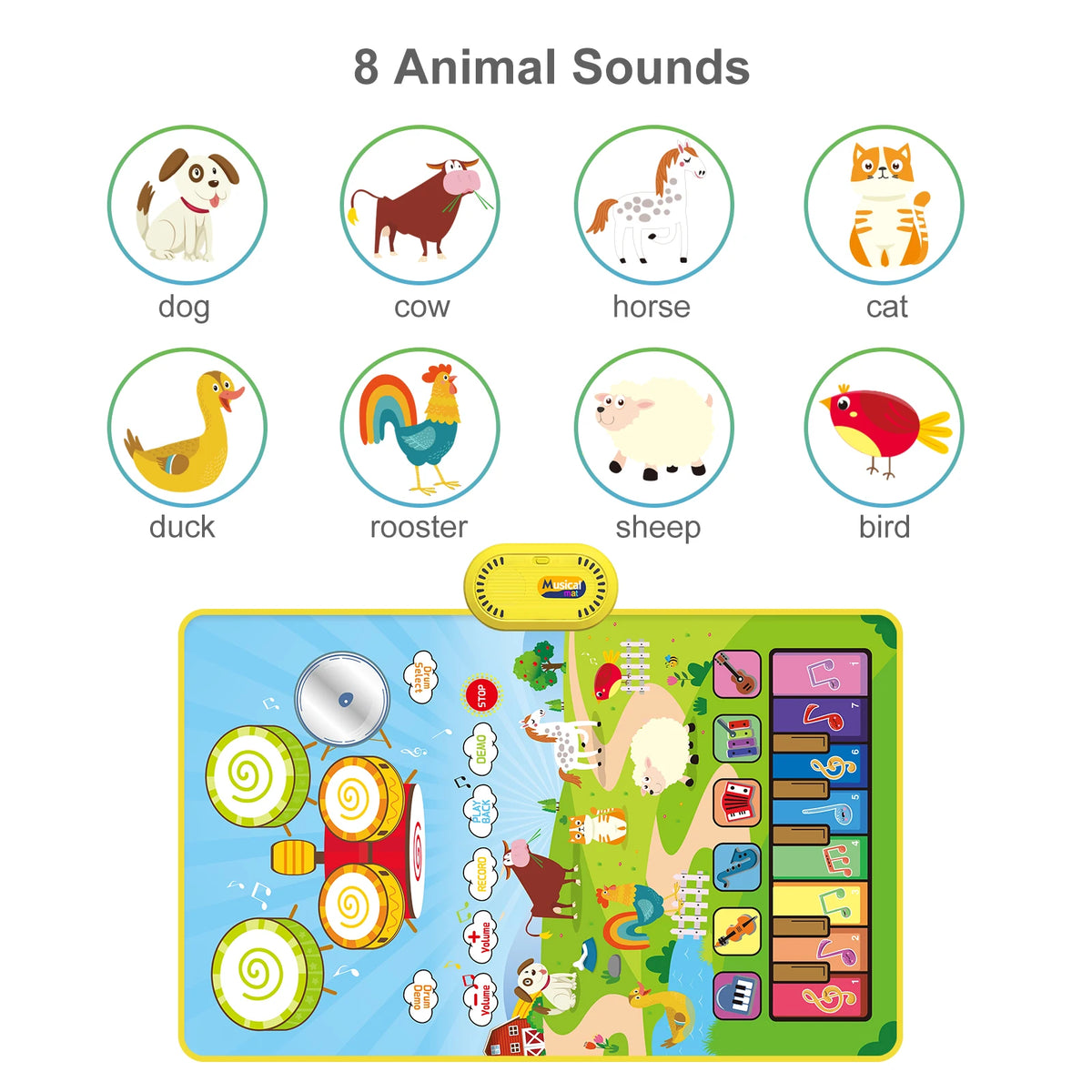 Toddler Educational Music Play Mat - 80x50cm Floor Piano &amp; Drum Mat with Instrument Sounds for Kids