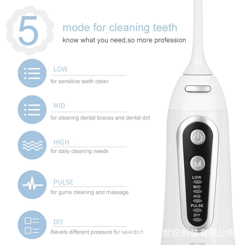 Portable Cordless Water Flosser - 5 Mode Oral Irrigator for Braces &amp; Teeth Cleaning WHITE