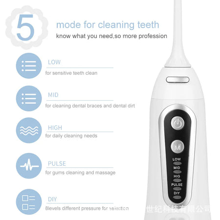 Portable Cordless Water Flosser - 5 Mode Oral Irrigator for Braces &amp; Teeth Cleaning WHITE
