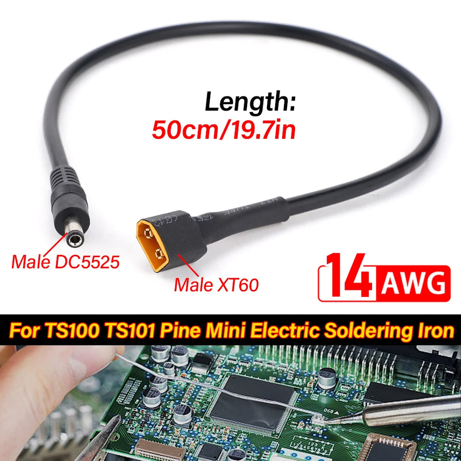 14AWG XT60 to DC5525 Male Soldering Iron Power Cable, 50cm, for TS100 TS101 Pine