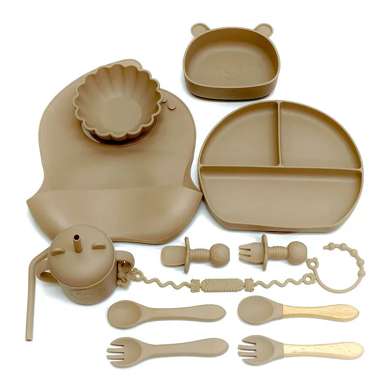 CZSAE Children's Silicone Tableware Set &ndash; Safe and Drop-Proof Design light brown