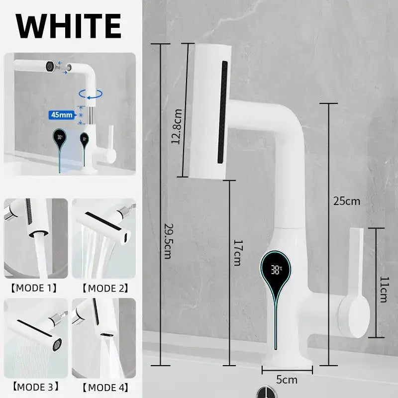 Waterfall Temperature Digital Display Basin Faucet Lift Up Down Stream Sprayer Hot Cold Water Sink Mixer Wash Tap For Bathroom WHITE / Poland / include 60cm hose