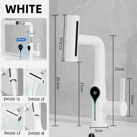 Waterfall Temperature Digital Display Basin Faucet Lift Up Down Stream Sprayer Hot Cold Water Sink Mixer Wash Tap For Bathroom WHITE / Poland / include 60cm hose