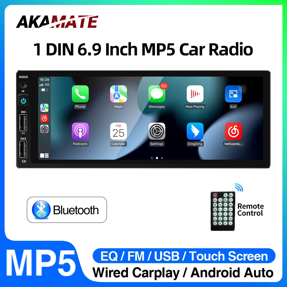 6.9 Inch MP5 Car Radio 1Din - Wired CarPlay Android Auto