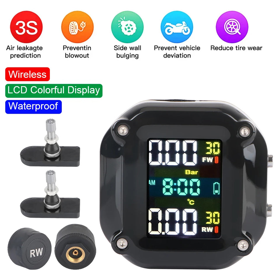29484 Motorcycle TPMS with Digital Clock and 2 Tire Sensors, IP65 Waterproof