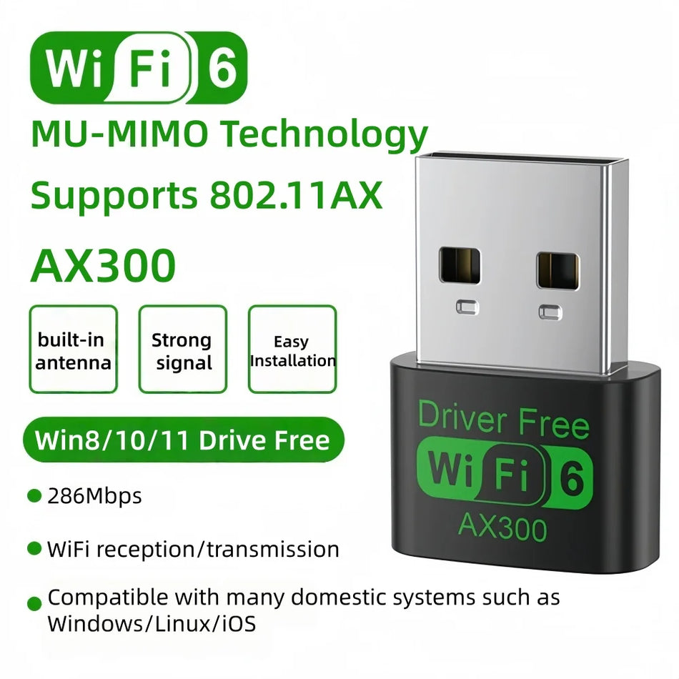 AX300 WiFi 6 Μίνι USB Αντάπτορας, Χωρίς Οδηγούς, Κάρτα Ασύρματης Σύνδεσης 2.4G για Windows