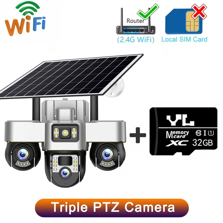 15MP WIFI Three PTZ Solar Camera Three screen PIR Human Tracking Security CCTV Surveillance IP Camera PTZ control for all 3 Lens WIFI Cam 32G Card