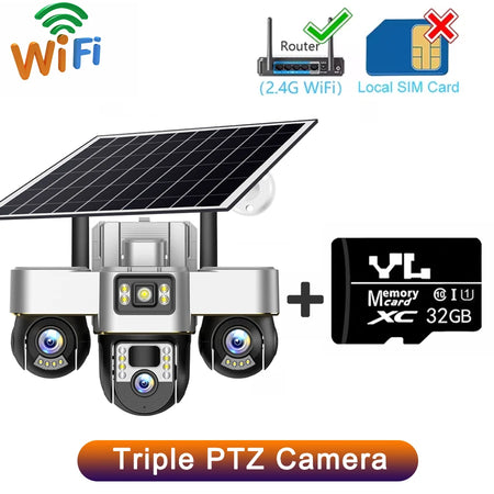 15MP WIFI Three PTZ Solar Camera Three screen PIR Human Tracking Security CCTV Surveillance IP Camera PTZ control for all 3 Lens WIFI Cam 32G Card