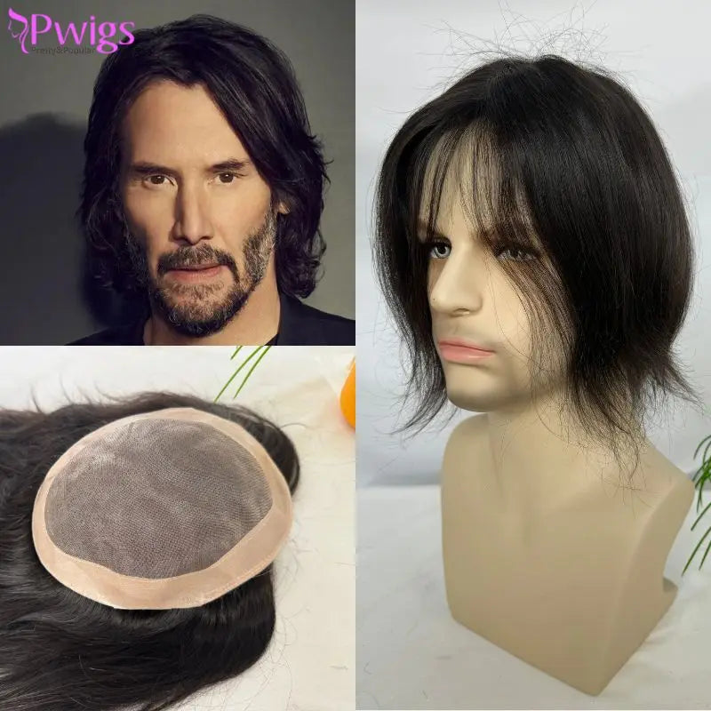 PWIGS Mono Base PU Men's Toupee - 100% Indian Remy Hair, Natural Black 8x6 Inch
