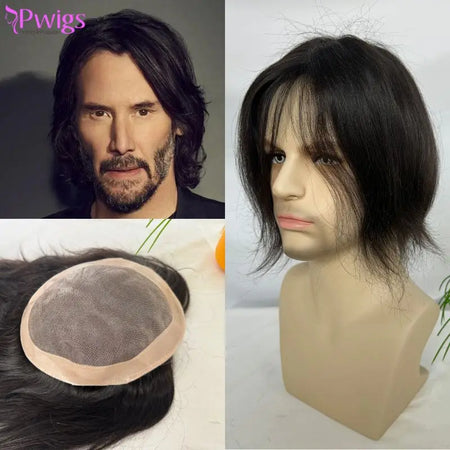 PWIGS Mono Base PU Men's Toupee - 100% Indian Remy Hair, Natural Black 8x6 Inch