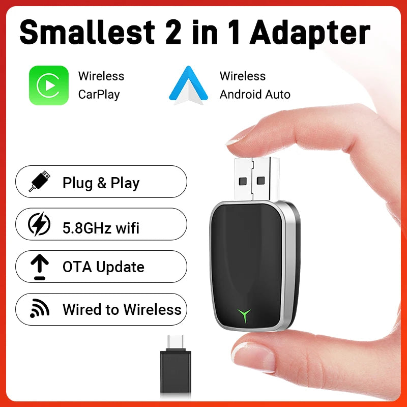 2025 Wired to Wireless CarPlay Android Auto Adapter 5GHz Fast Connect 2in1 Smart Mini Box
