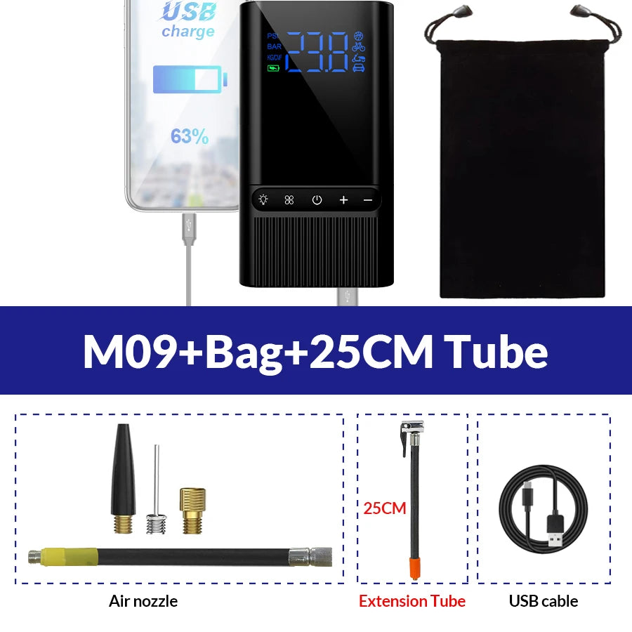 ACCEO 6000mAh Portable Tire Inflator &ndash; Fast Inflation LED M09-Bag-25cm Tube