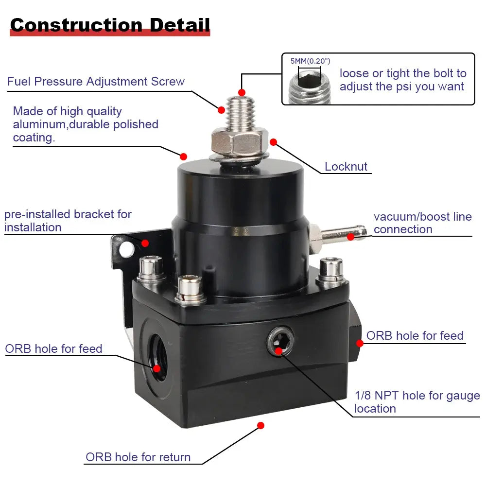 Adjustable Fuel Pressure Regulator with White Oil Gauge With AN8/10 Feed Fitting & AN6 Return Line Fitting & AN8/10 End Cap by InterCyprus Trading Ltd