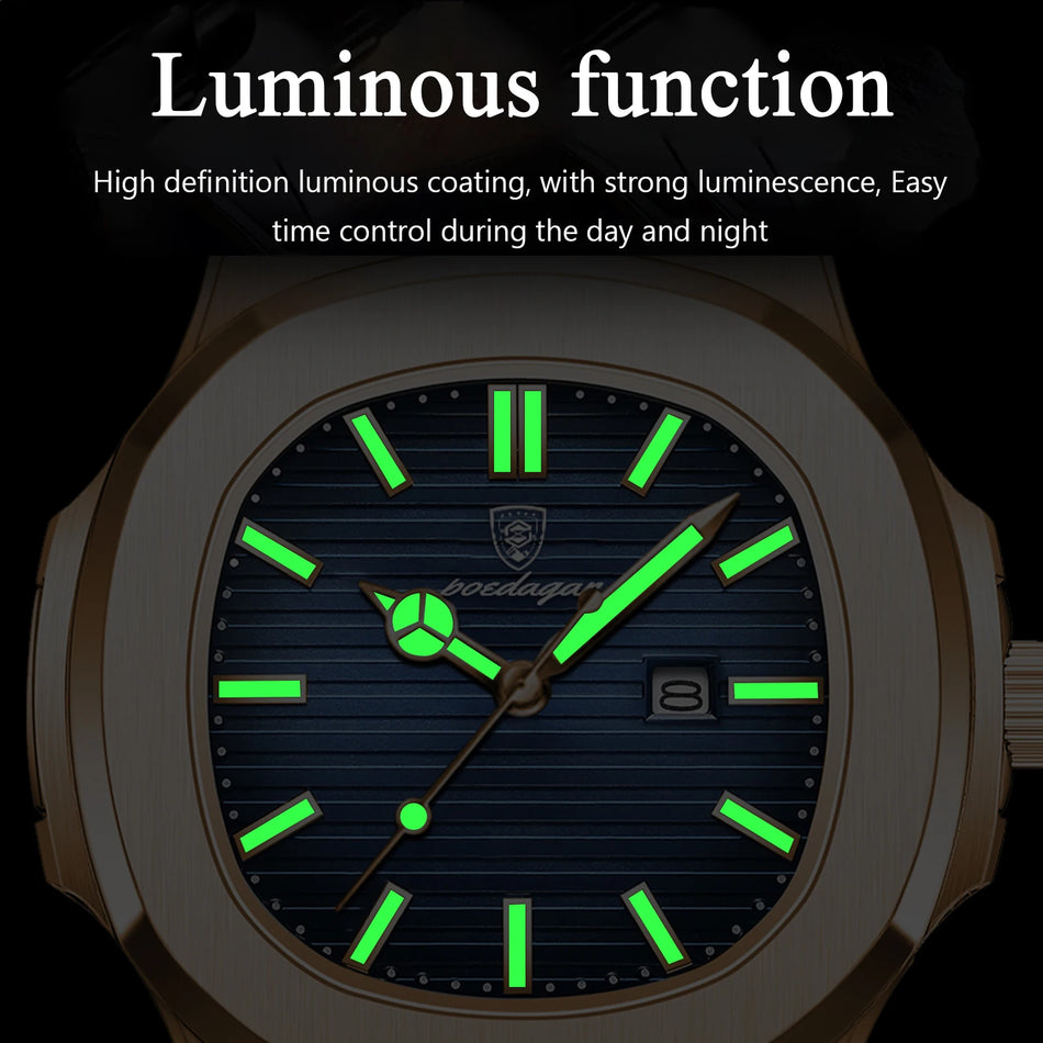 Orologio quadrato classico impermeabile da uomo con data luminosa, con scatola