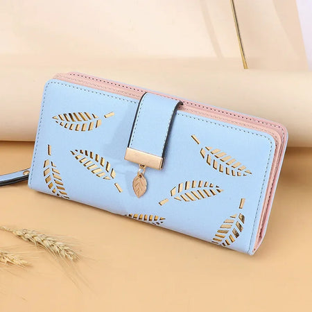 Ladies' PU Leather Hollow Leaves Long Zipper Wallet Blue / CHINA