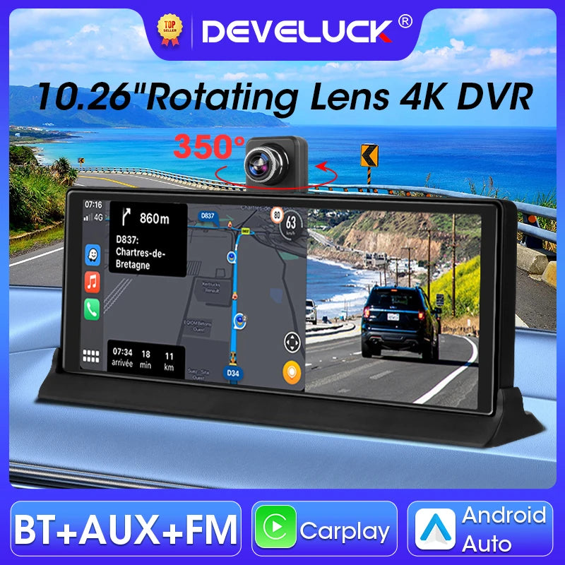 Develuck 4K Αυτοκίνητο DVR Dash Cam με Ασύρματο CarPlay Android Auto AI 11,3 ιντσών Καθρέφτης Οπισθοπορείας Διπλός Φακός GPS Πλοήγηση