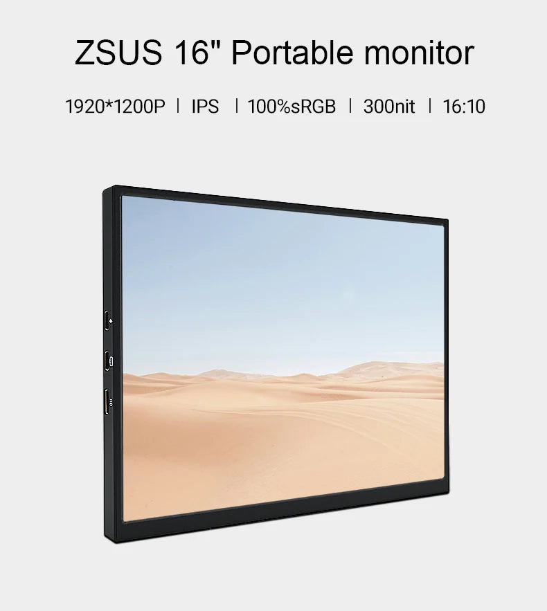 ZSUS 16" Portable Monitor - 1200P IPS Screen for Gaming &amp; Travel