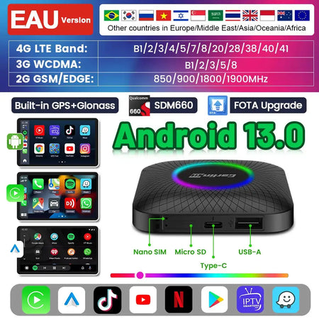 Carlinkit Android 13 CarPlay Android Auto TV Box SDM660 LTE LED Android 13 EAU / 4GB 64GB