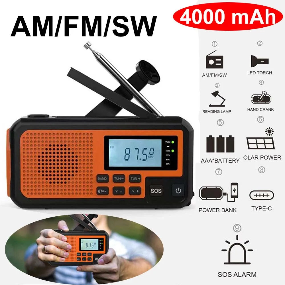 4000mAh Portable Emergency Solar Power Radio with Hand Crank and LED Flashlight Orange2 4000mAh