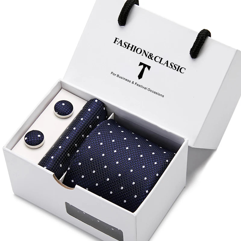 VanGise Blue Dot Tie Set with Pocket Square and Cufflinks for Men SB42