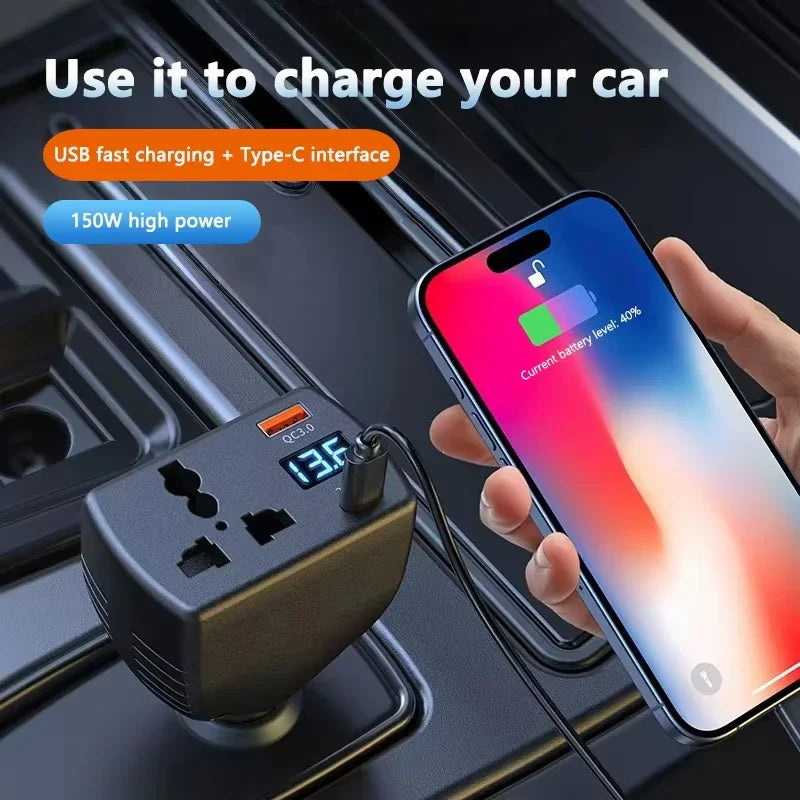 150W инвертор за автомобилна запалка DC 12V 24V към AC 220V с USB-C