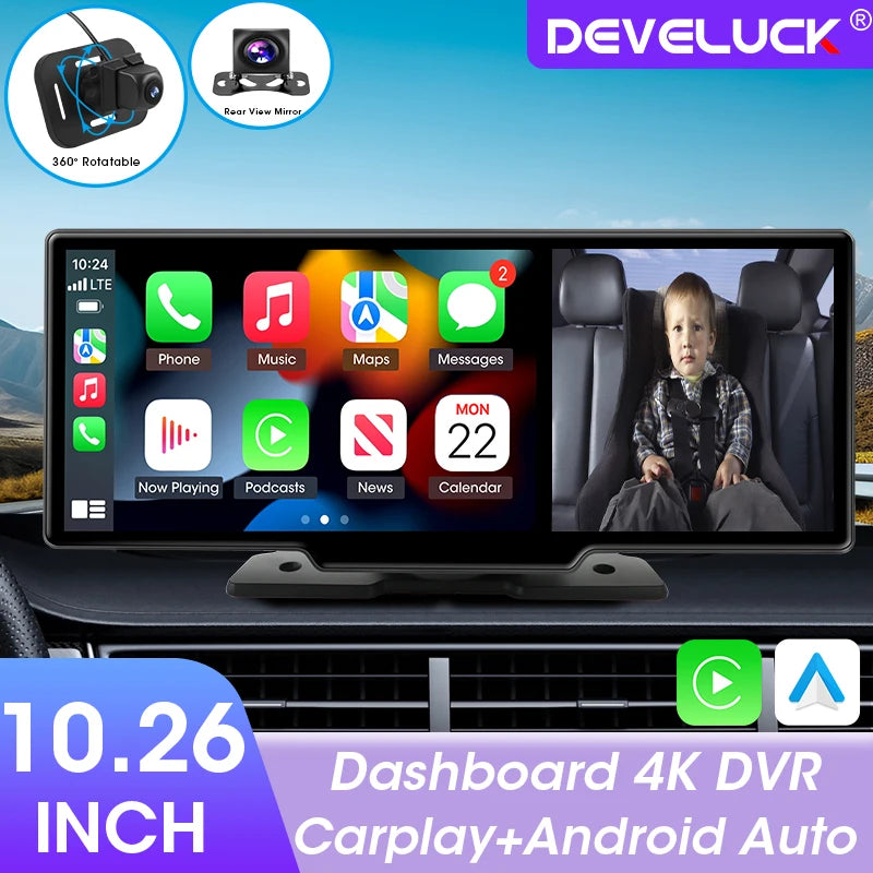 Develuck 10,26 palcová autokamera DVR s dvojitým objektivem 4K s bezdrátovým CarPlay a GPS HD nahráváním