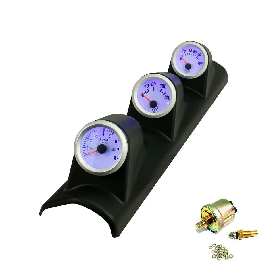Blue LED 52mm Triple Gauge Kit Tachometer, Water Temp, Oil Pressure Meter
