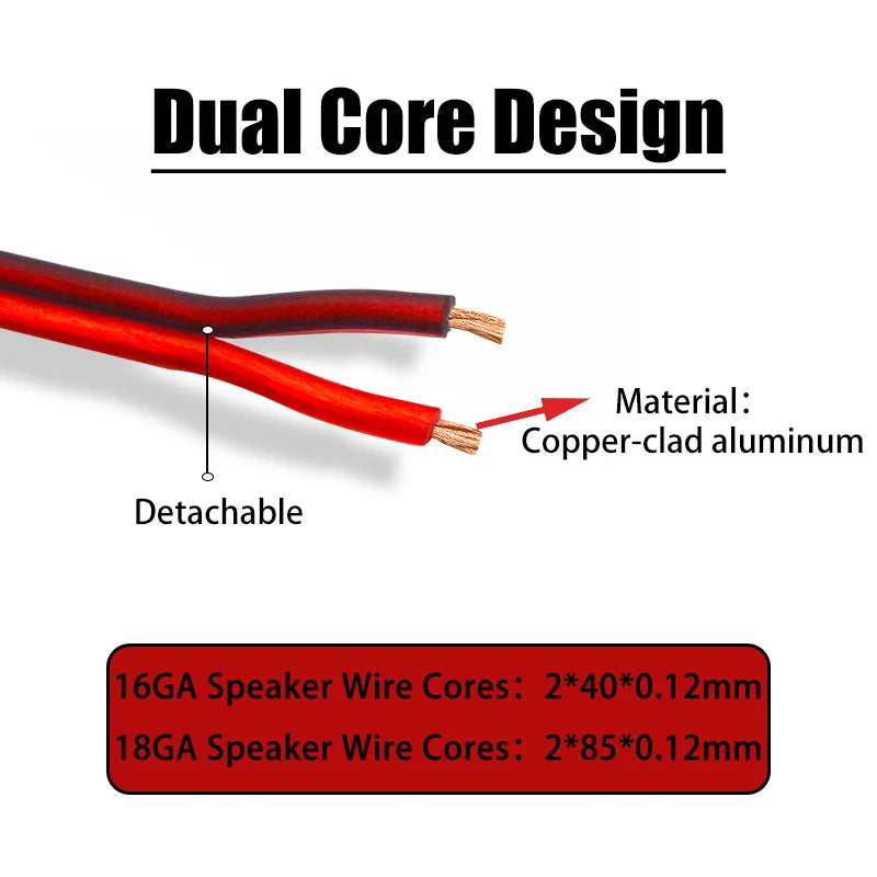 Cable de audio para automóvil 50m 16 18 AWG 2 pines con núcleo de aluminio revestido de cobre, PVC rojo y azul