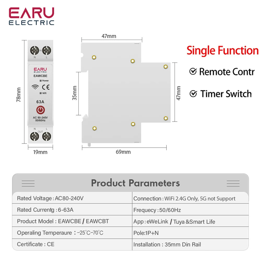 Tuya eWeLink WiFi Smart Circuit Breaker MCB 1P 63A with Voice Control &amp; Energy Monitoring