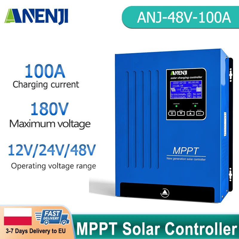 ANENJI 100A MPPT Solar Charge Controller for 12V 24V 48V Batteries, Backlit LCD, Overload and Temp Protection