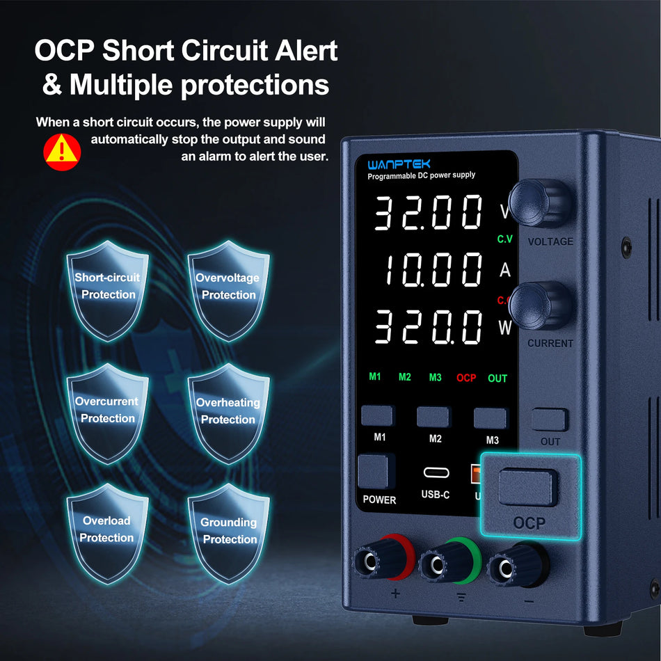 Wanptek 32V 10A Adjustable DC Power Supply with Fast Charging &amp; Memory Function