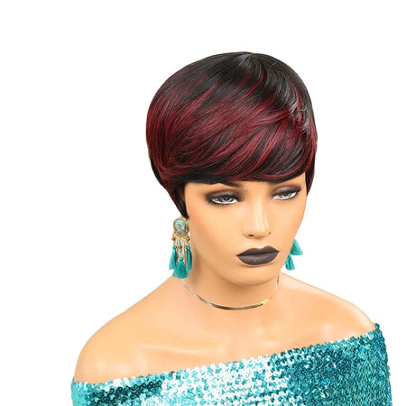 Glueless Short Pixie Cut Wig with Bangs - Black with Brown Layers HY-680 / 1pc / 6inches