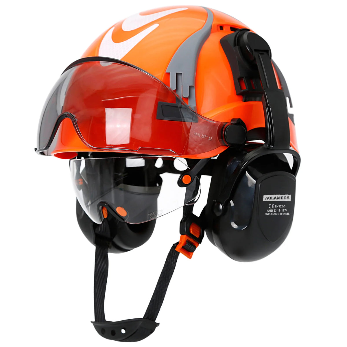 CE Safety Cap With Vent Slots &ndash; Integrated Goggles Earmuffs Orange Set A