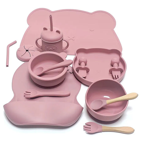 CZSAE 14pcs Silicone Baby Tableware Set &ndash; Drop-Proof and Non-Slip Design burgundy