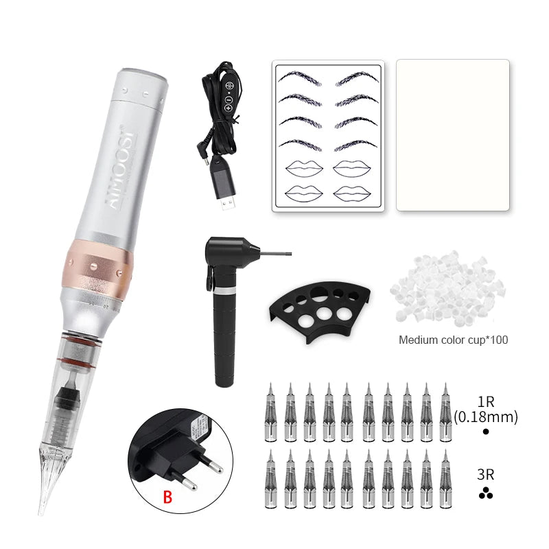 Aimoosi M7 Tattoo Machine Set - PMU Gun For Beginners Set-EU Silver