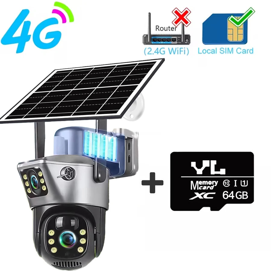 8MP 4K Solar Camera Dual Lens HD Night Vision Safety Protection Built-in Battery PTZ Surveillance 4G Camera Security CCTV 4G Cam Add 64G Card