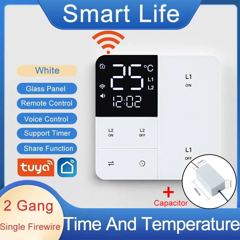 Tuya Smart Wifi Switch &ndash; Temp Time Display 100-250V 1G2G3G White LiveWire 2Gang