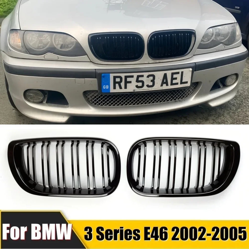 Front Kidney Grilles for BMW E46 3 Series Gloss Black Double Slat Racing Grilles Set