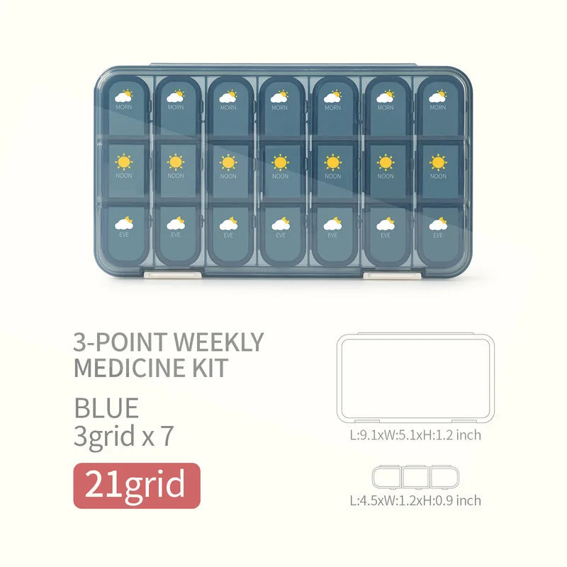 Portable 21 To 28 Grids Weekly Pill Box &ndash; Seven Day Case 21Grids Blue