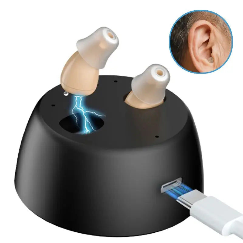 Aparat auditiv CIC reîncărcabil cu anulare a zgomotului pentru seniori cu pierdere severă a auzului