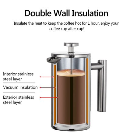 Stainless Steel Double Walled French Press Coffee Maker Pot