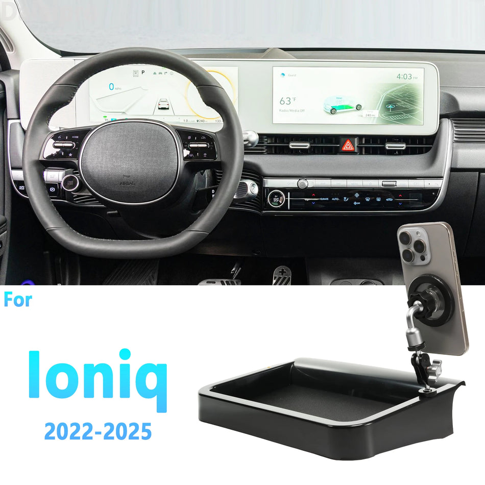 Automobilinė saugojimo dėžė Hyundai Ioniq 5 su dviem telefono tvirtinimais ir ABS plastiko konstrukcija, belaidžio įkrovimo kilimėlis