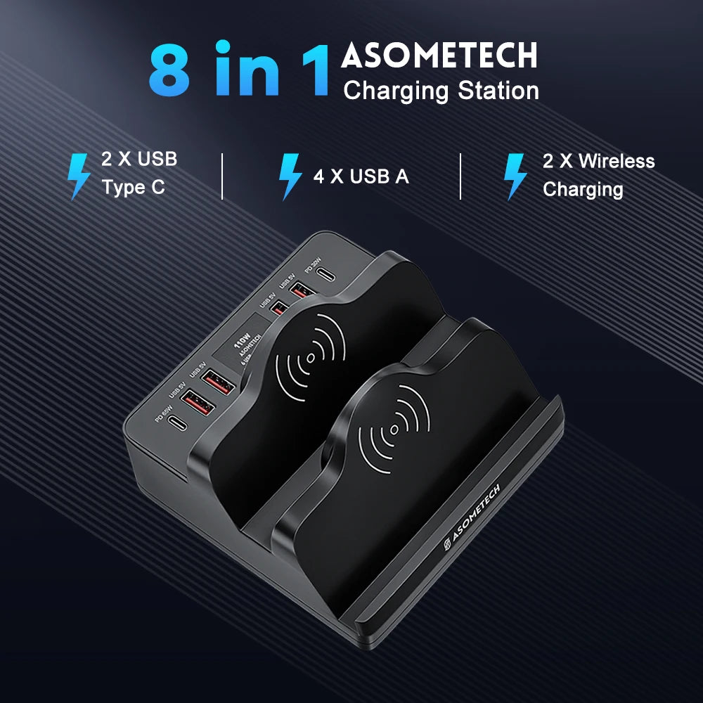 ASOMETECH 110W 6 Port USB Charger Station &ndash; Dual Fast Wireless Charging