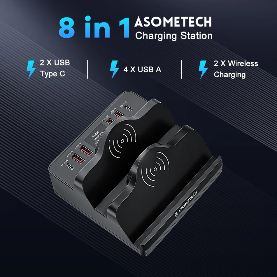 ASOMETECH 110W 6 Port USB Charger Station &ndash; Dual Fast Wireless Charging
