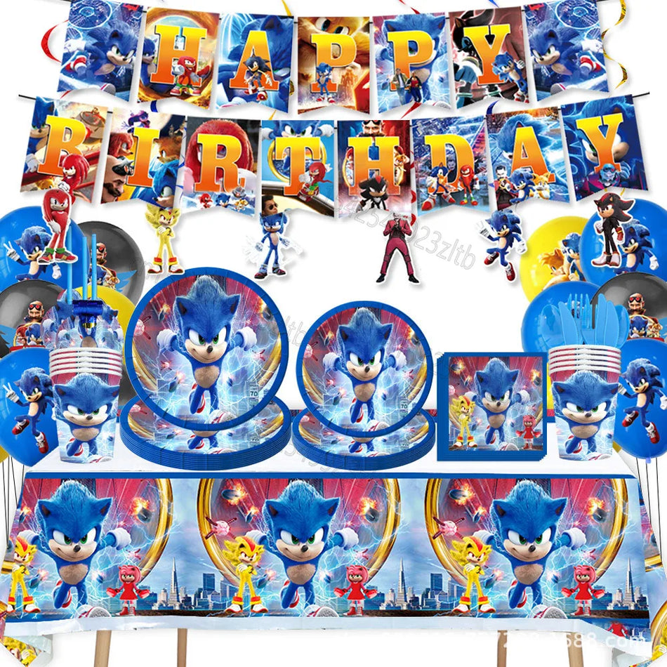 Sonics Theme Birthday Party Decorations Game Cartoon Hedgehog Disposable Tableware Set Cups Plates Balloons Supplies Baby Shower